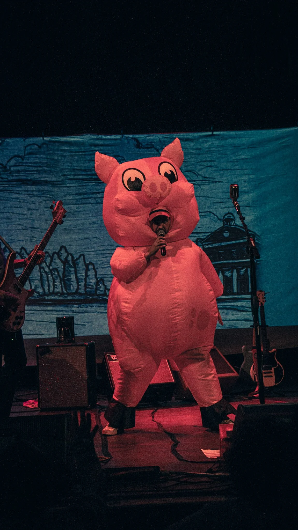 Person dressed in a large pink pig costume singing into a microphone on stage with musical instruments around.