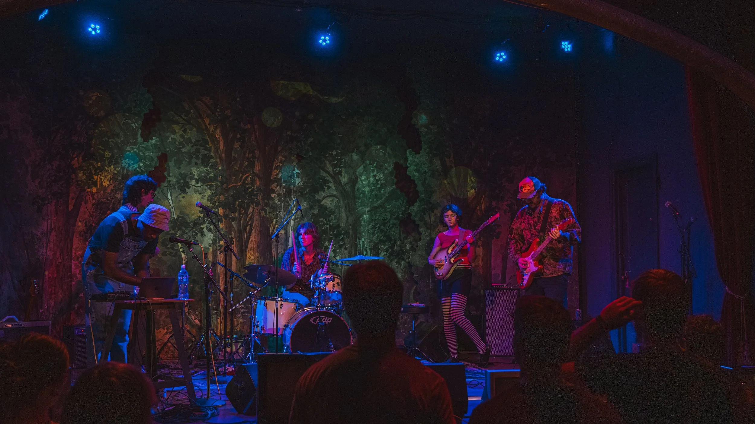 A music band performing on stage with a forest mural backdrop, including a drummer, guitarist, bassist, and keyboardist, illuminated by colorful stage lighting.