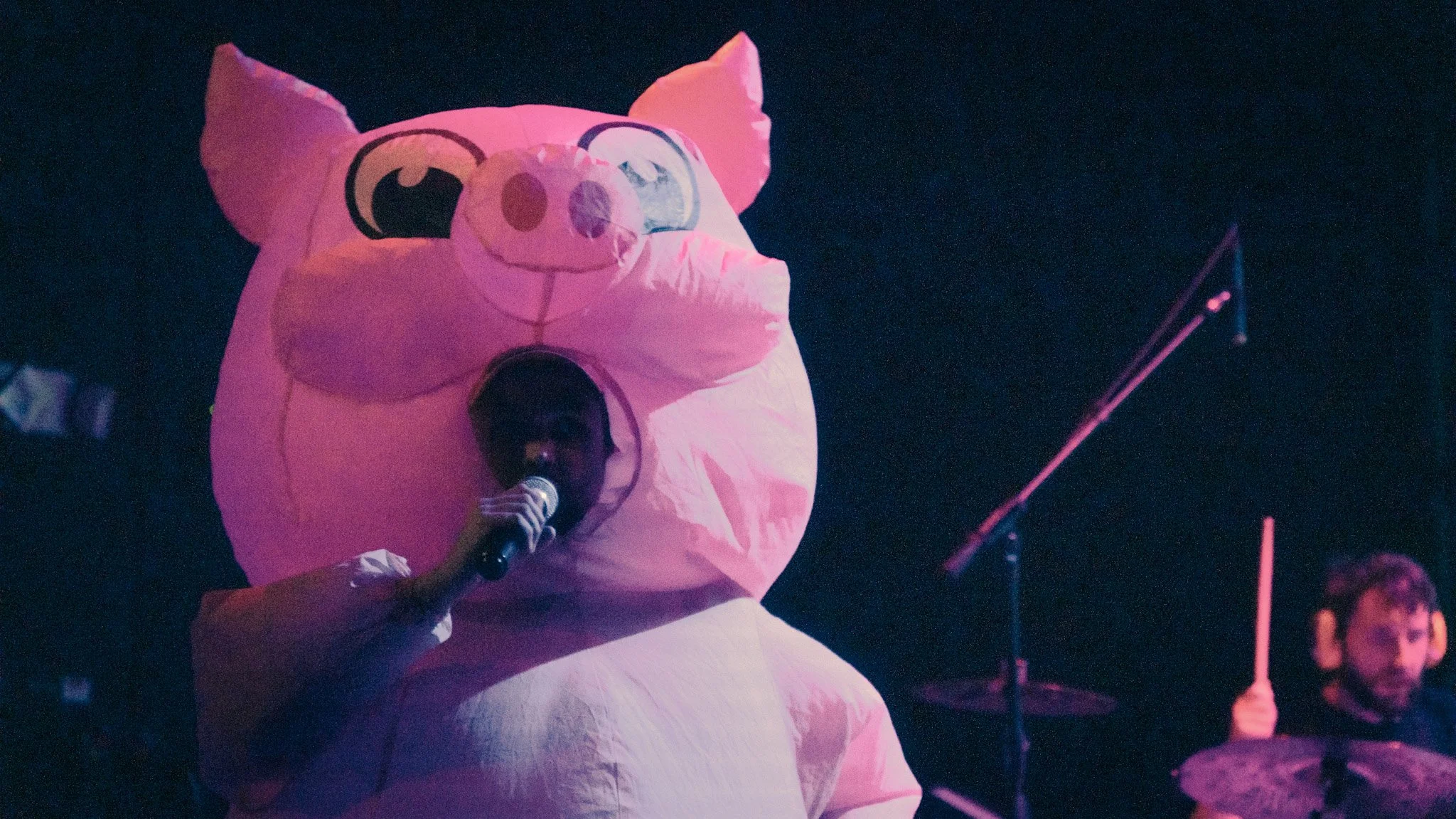 Person dressed in a pink pig costume holding a microphone and speaking on stage at a performance or event.