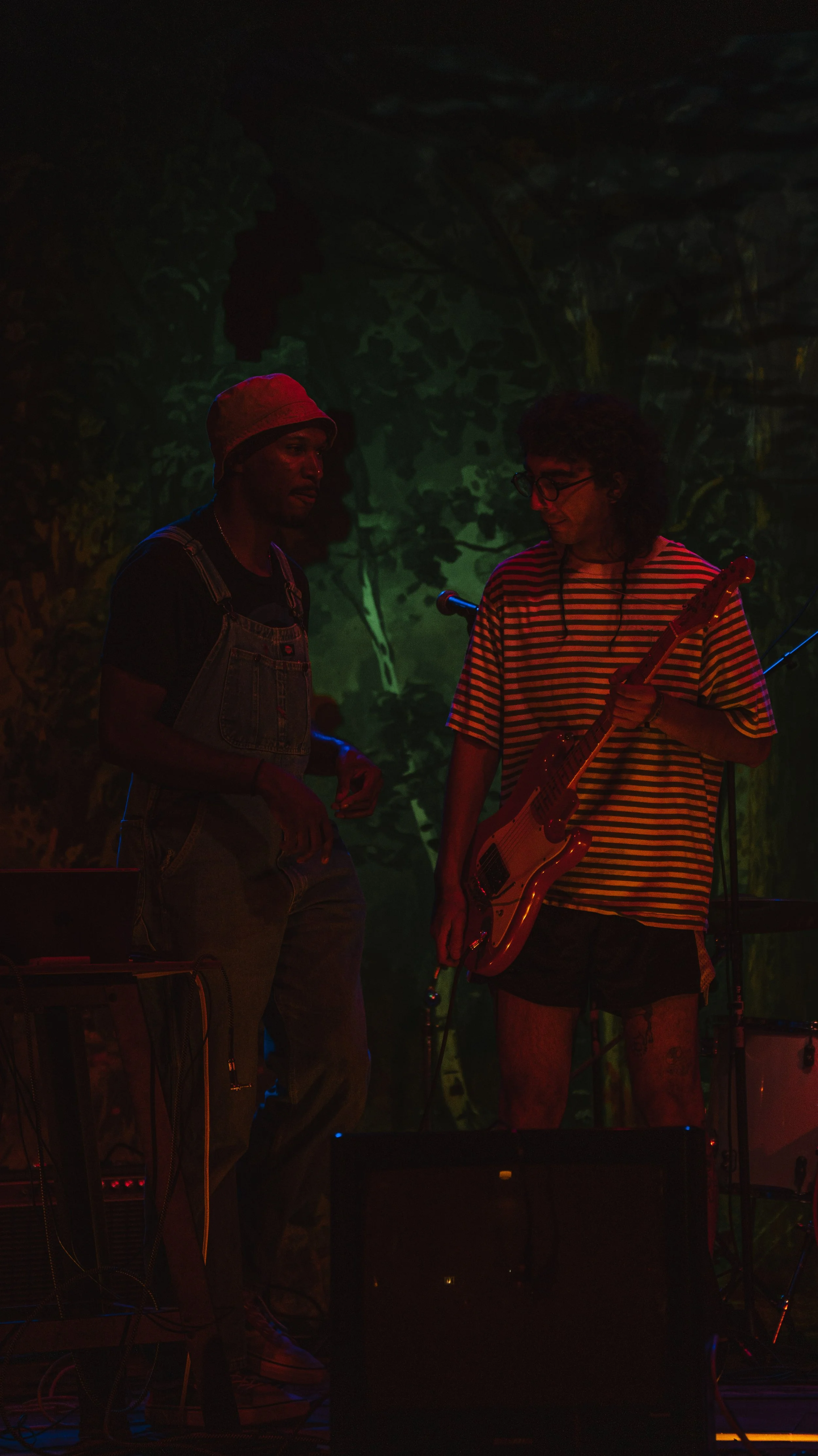 Two musicians performing at night, one with a bass guitar and the other with an electric guitar, surrounded by green and red stage lighting.