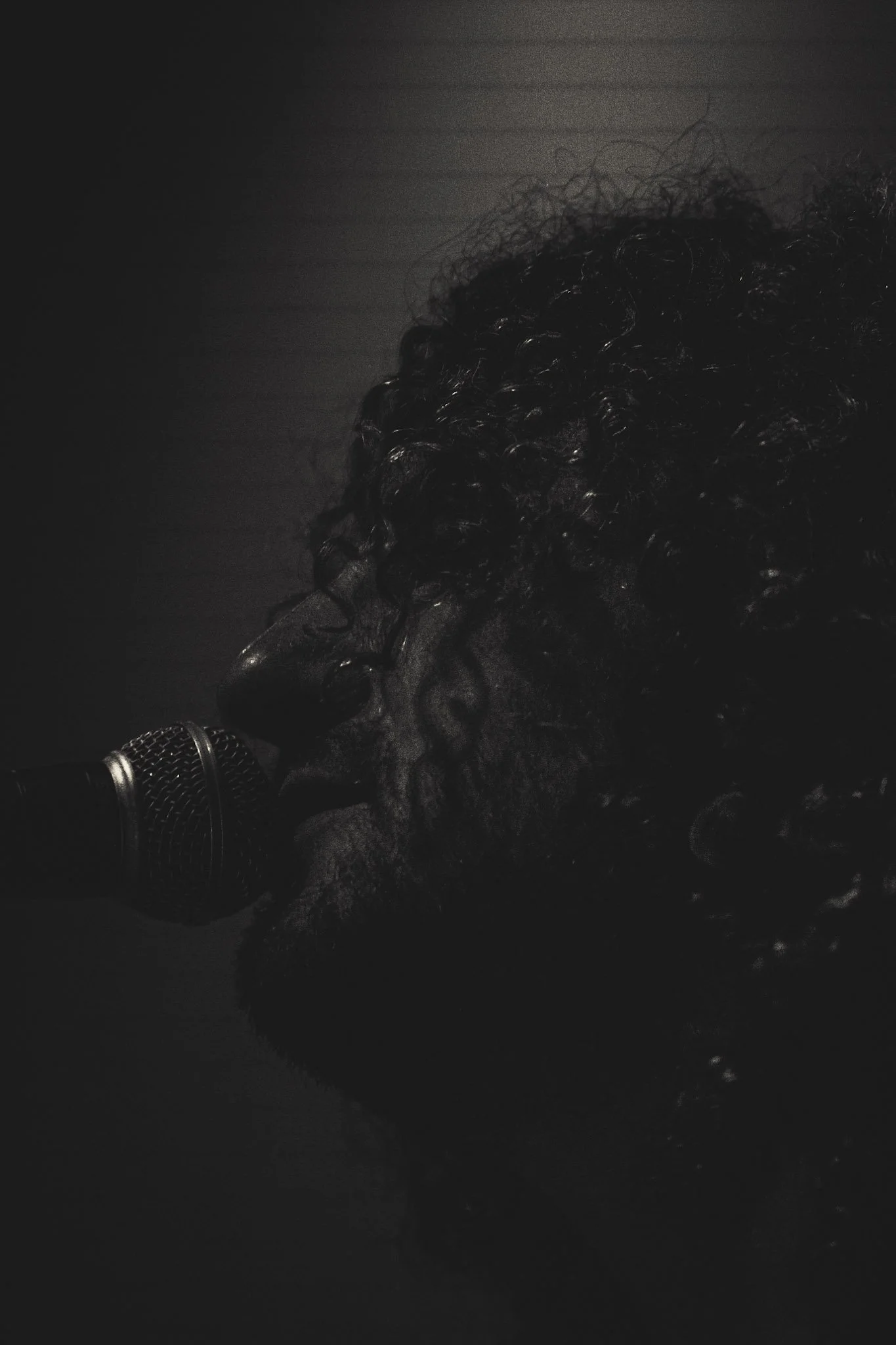 Close-up of a woman with curly hair and a microphone in a dark setting.