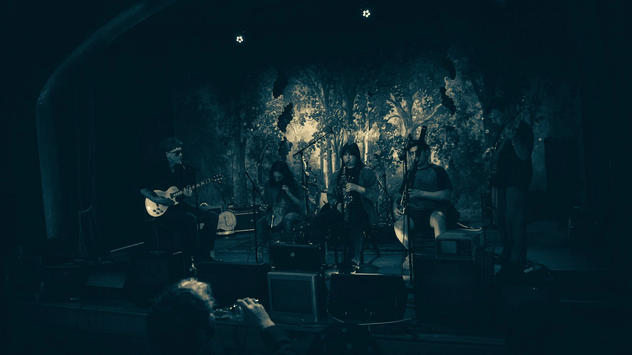 A musical performance with six musicians on stage, playing guitars and a saxophone, in front of a backdrop resembling a forest scene.