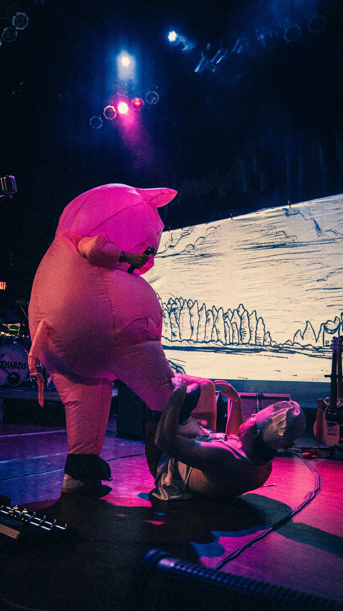 Person dressed in a pink pig costume standing on stage, leaning over a seated person, in front of a large screen displaying a black-and-white mountain landscape drawing, with stage lights overhead.