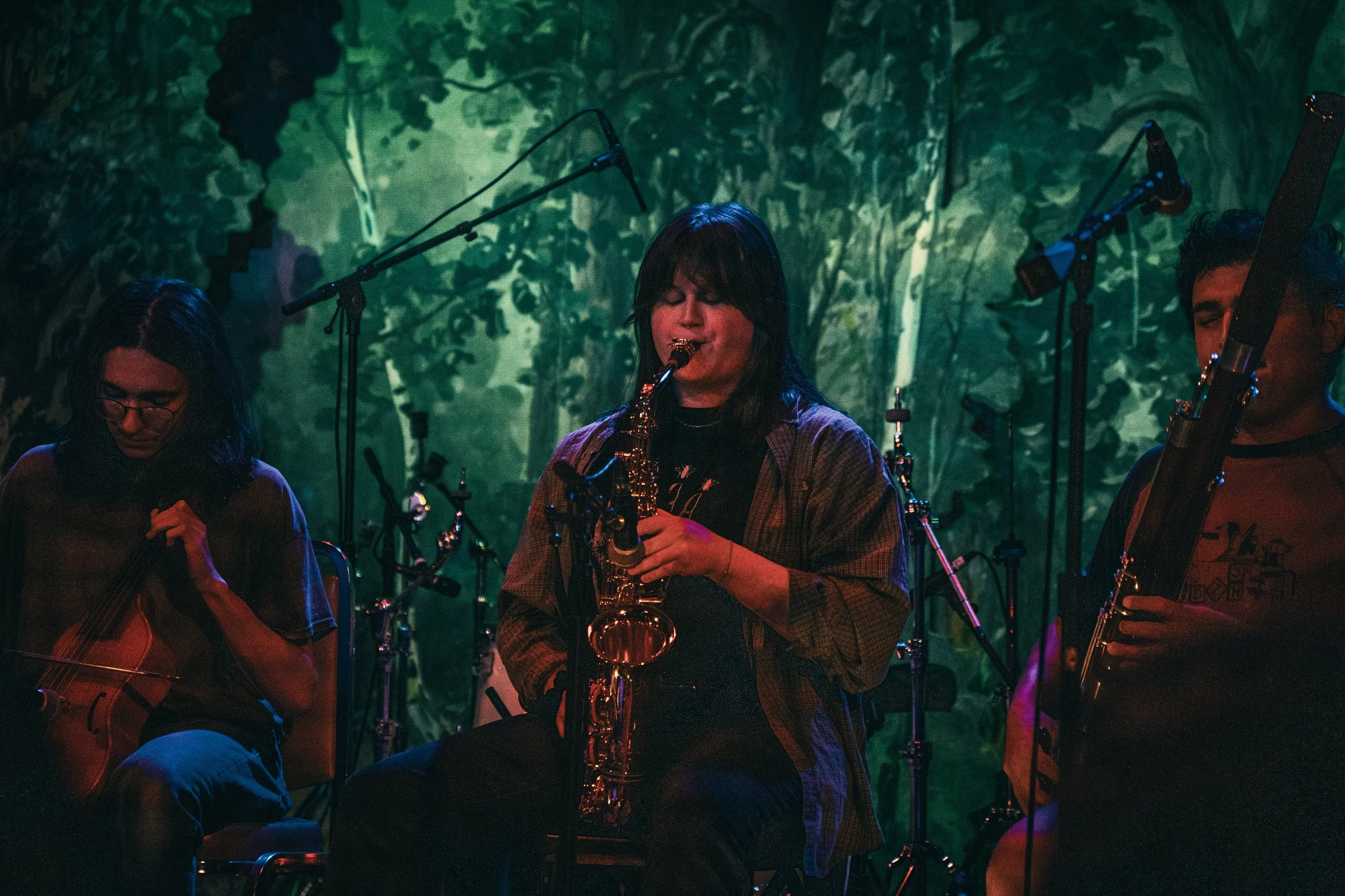 A group of musicians playing instruments on stage, including a woman with shoulder-length dark hair playing a saxophone, a woman with glasses playing guitar, and a man with curly dark hair playing a bass, with a green leafy background and stage micro