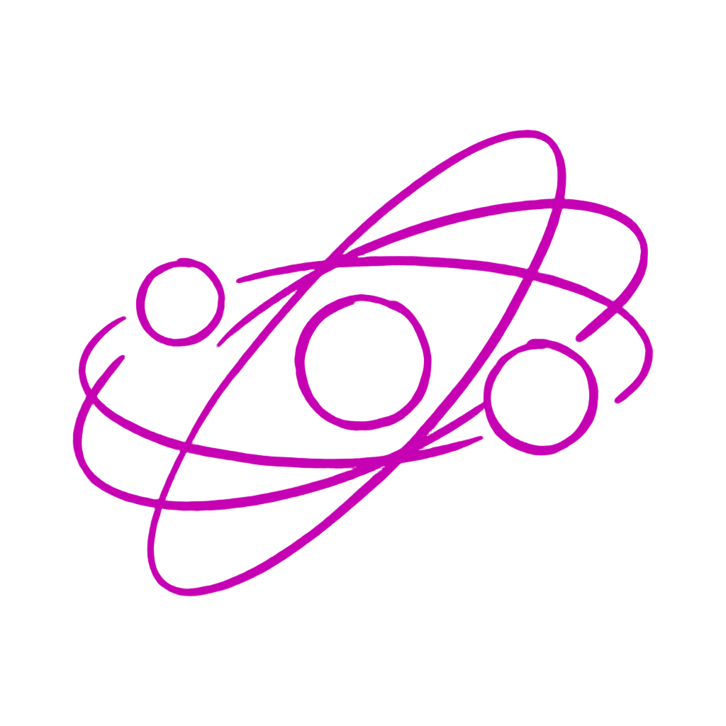 Purple neon outline of an atom with three electrons orbiting a nucleus on a black background.
