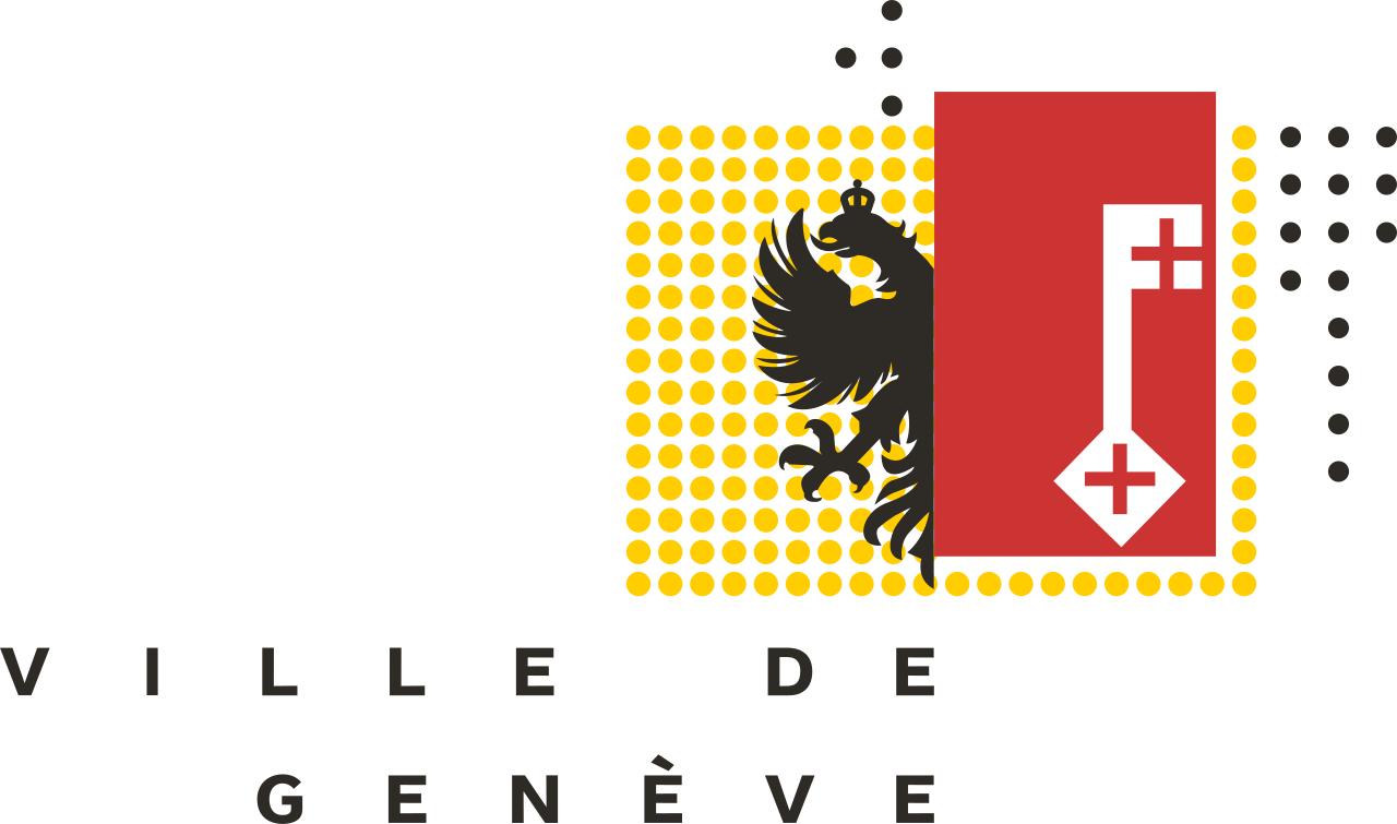 Logo with a stylized black eagle and a red pharmacy cross symbol, with the text 'Ville de Genève' underneath.