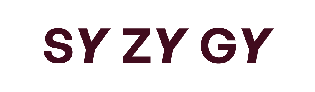 Multiple dark purple text letters spelling "SYZYGY" on a black background.