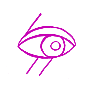 Purple hand-drawn eye with curved lines and a tear drop beneath it