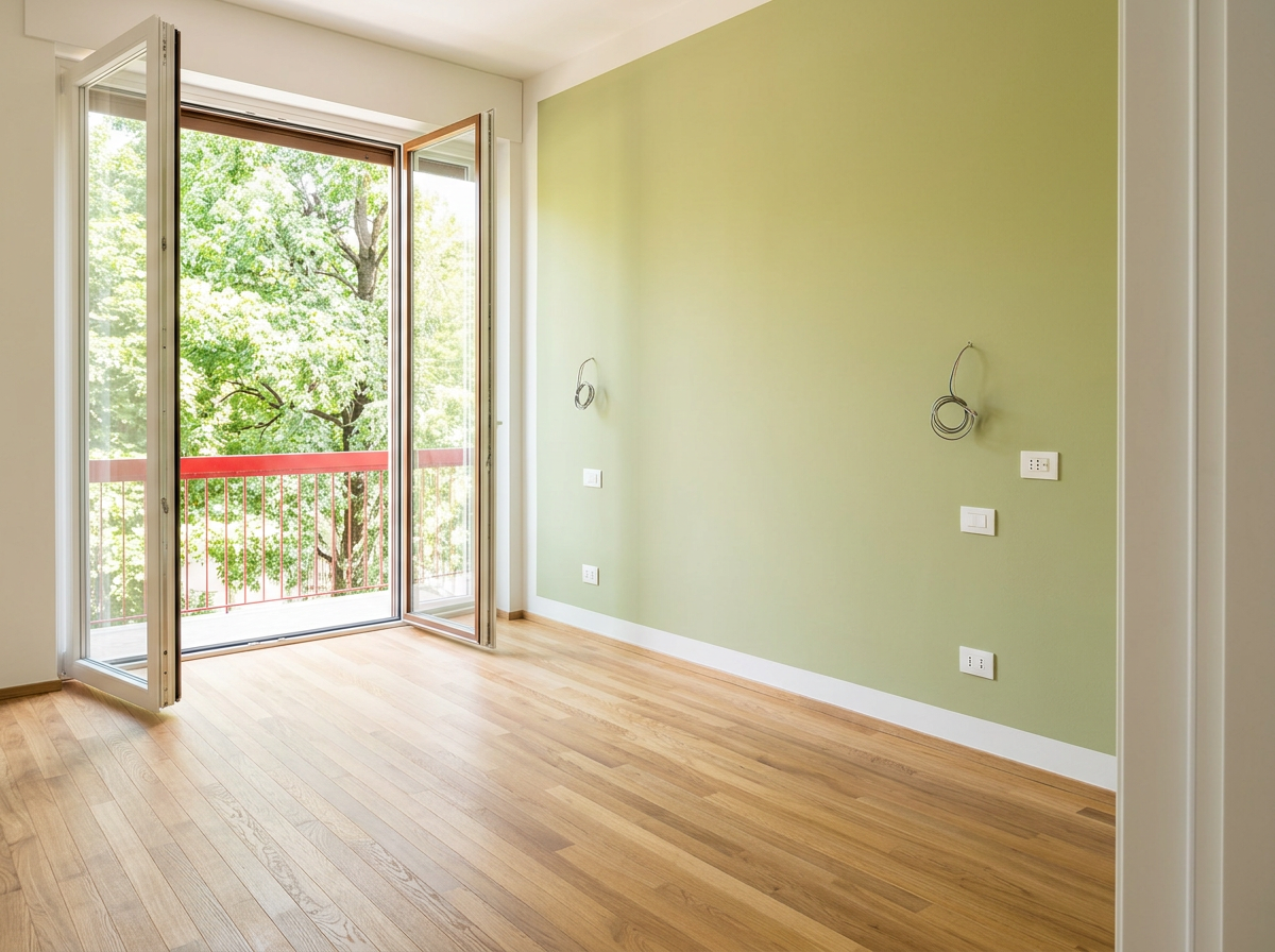 Stanza vuota con pareti verdi, pavimento di legno e balcone con vista su alberi verdi.