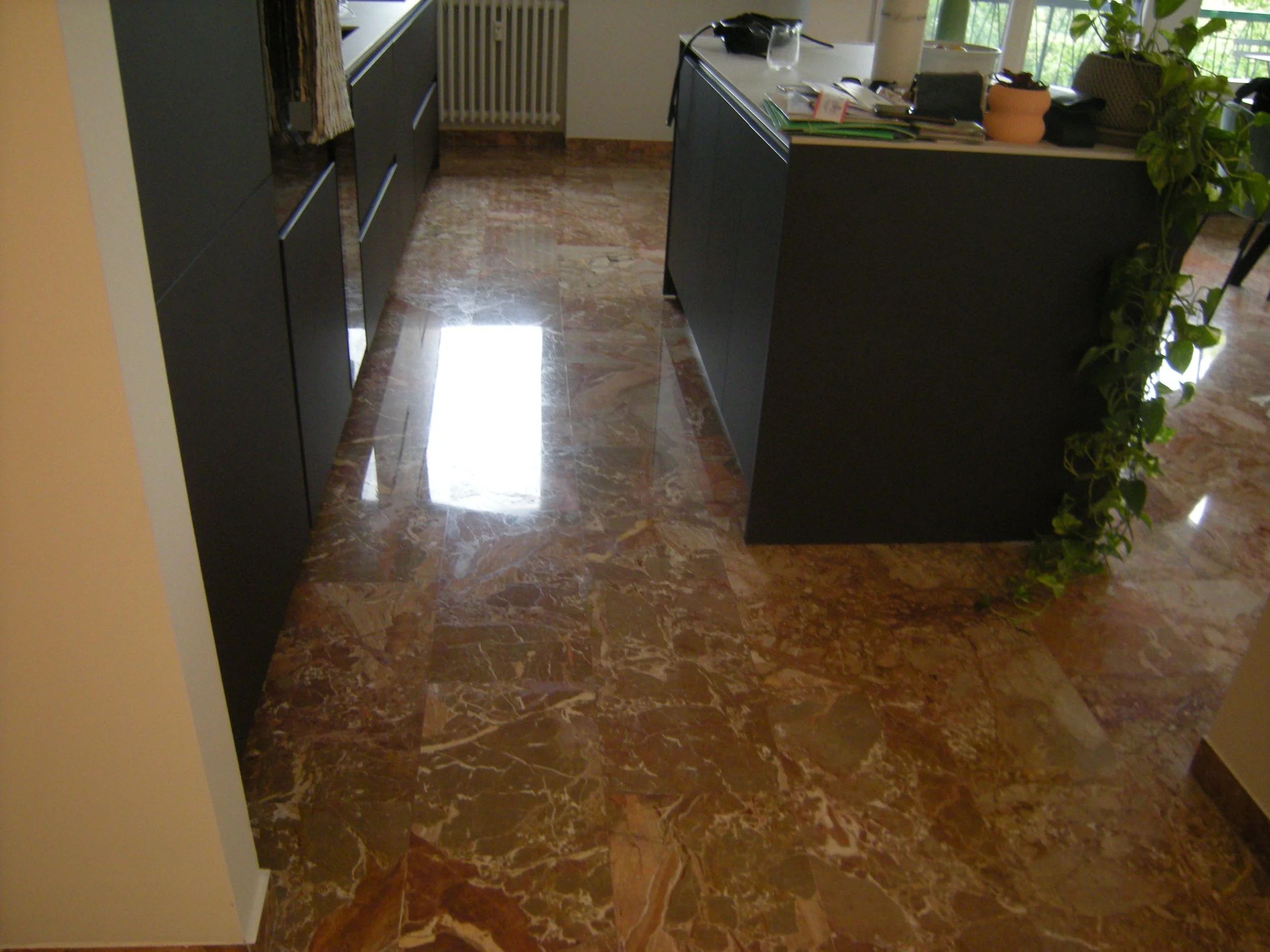 Interno di un ufficio con pavimento in marmo lucido, scrivania con documenti e oggetti vari, piante in vaso, e grandi finestre che permettono l'ingresso della luce naturale.