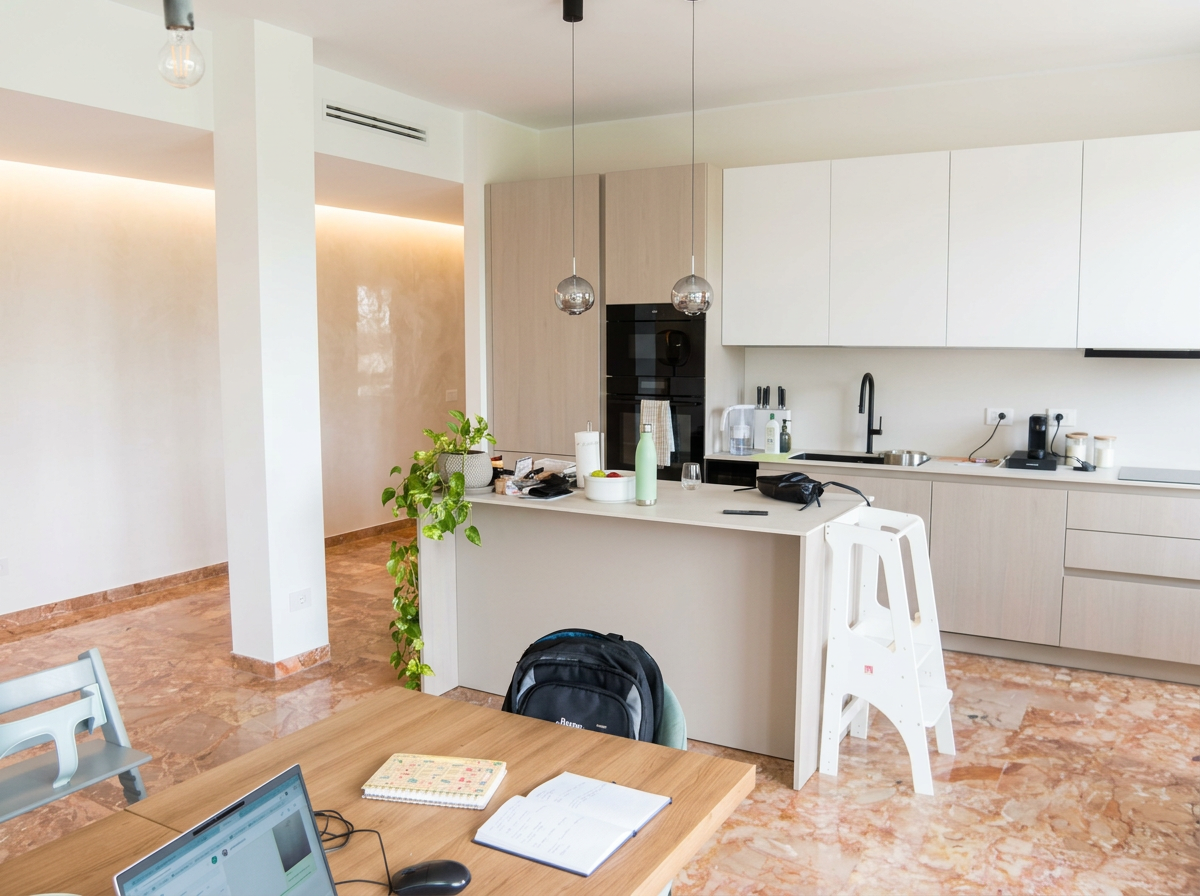 Cucina moderna con isola centrale, sedie, piante, e alcuni oggetti come bottiglie, tazze, e dispositivi elettronici. Area di lavoro e spazio domestico.