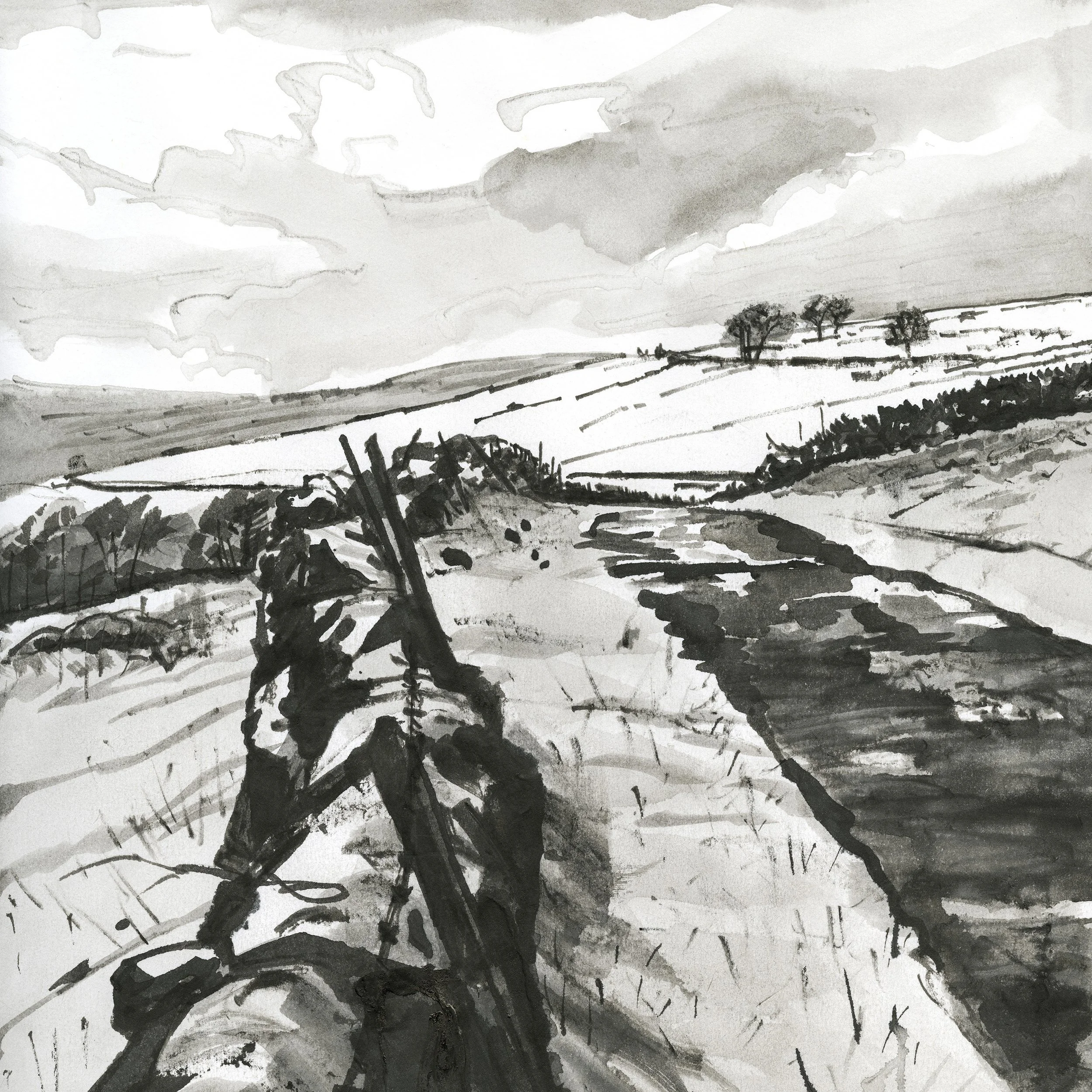 Black-and-white watercolor landscape of rolling fields, stone walls, scattered trees, and dramatic clouds.