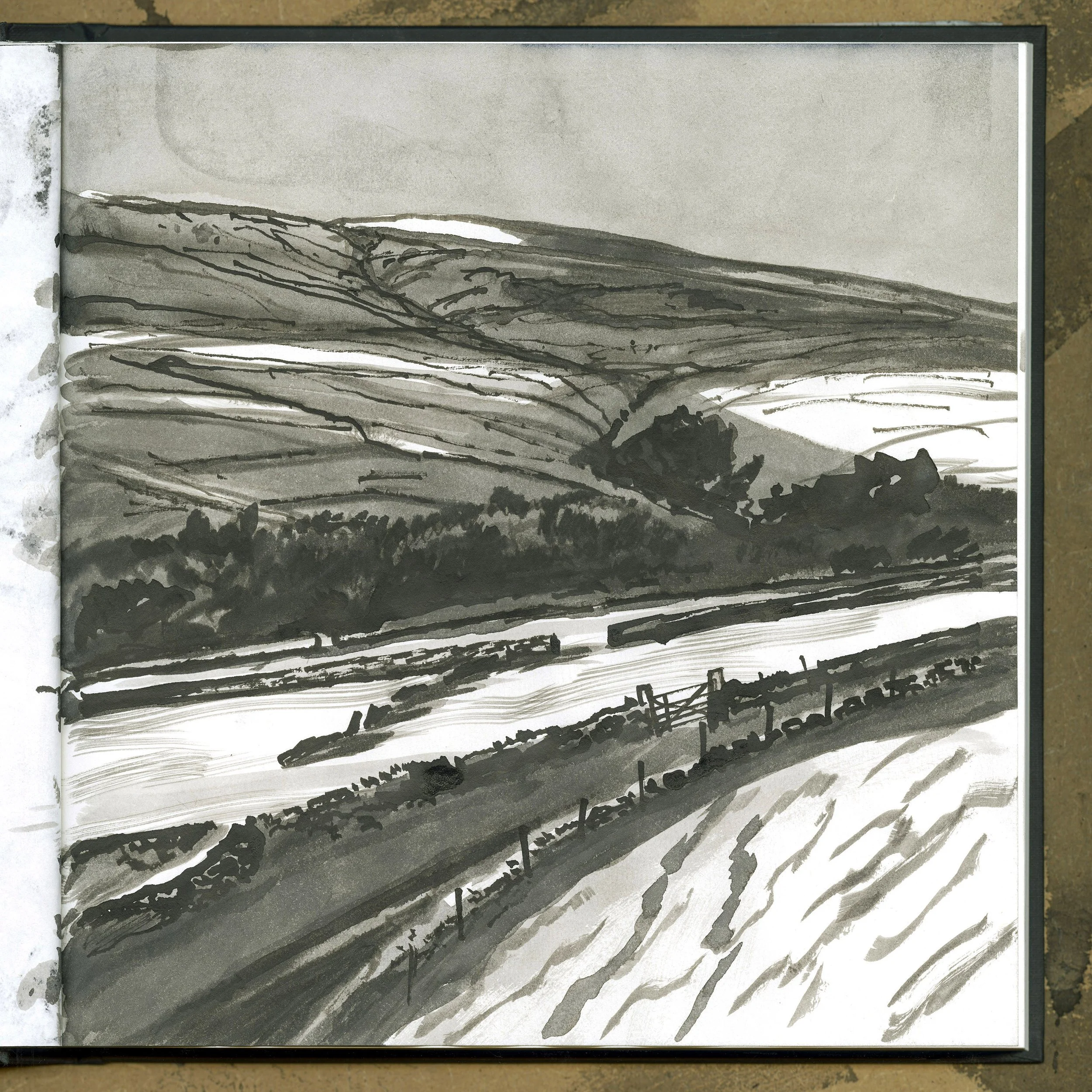 Monochrome landscape painting of rolling snow-covered hills, wooded valleys, and fenced fields beneath an overcast sky