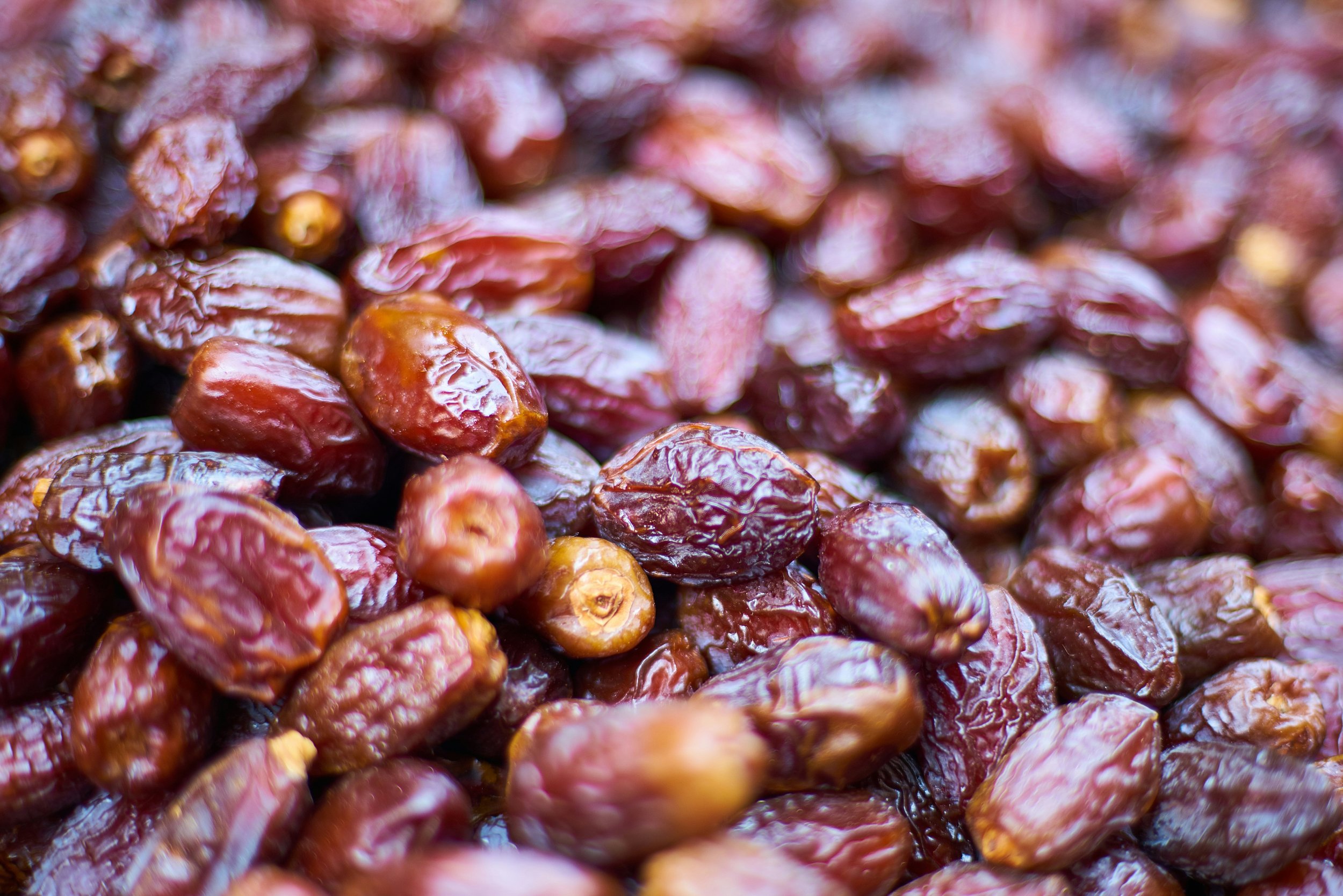 Close-up of dried red dates or jujubes.