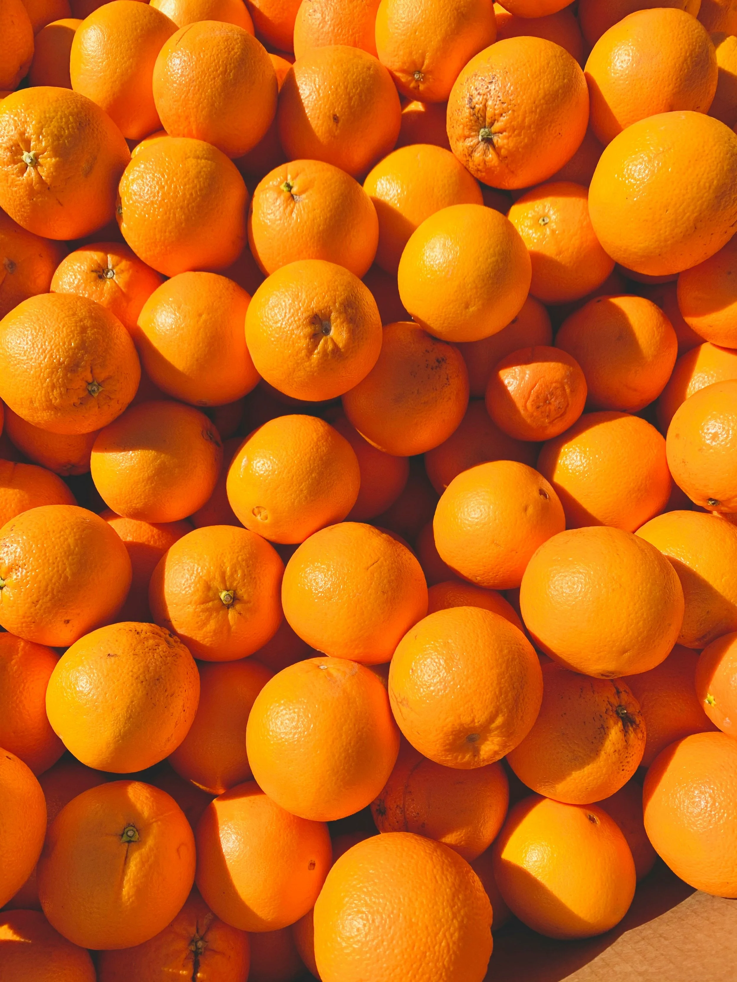 A pile of ripe, orange oranges.