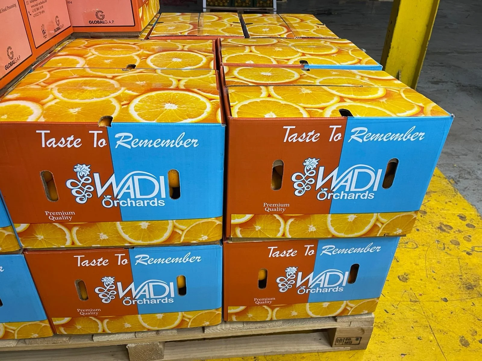 Boxes of fresh oranges stacked on a wooden pallet at a marketplace, with a yellow floor and industrial surroundings.