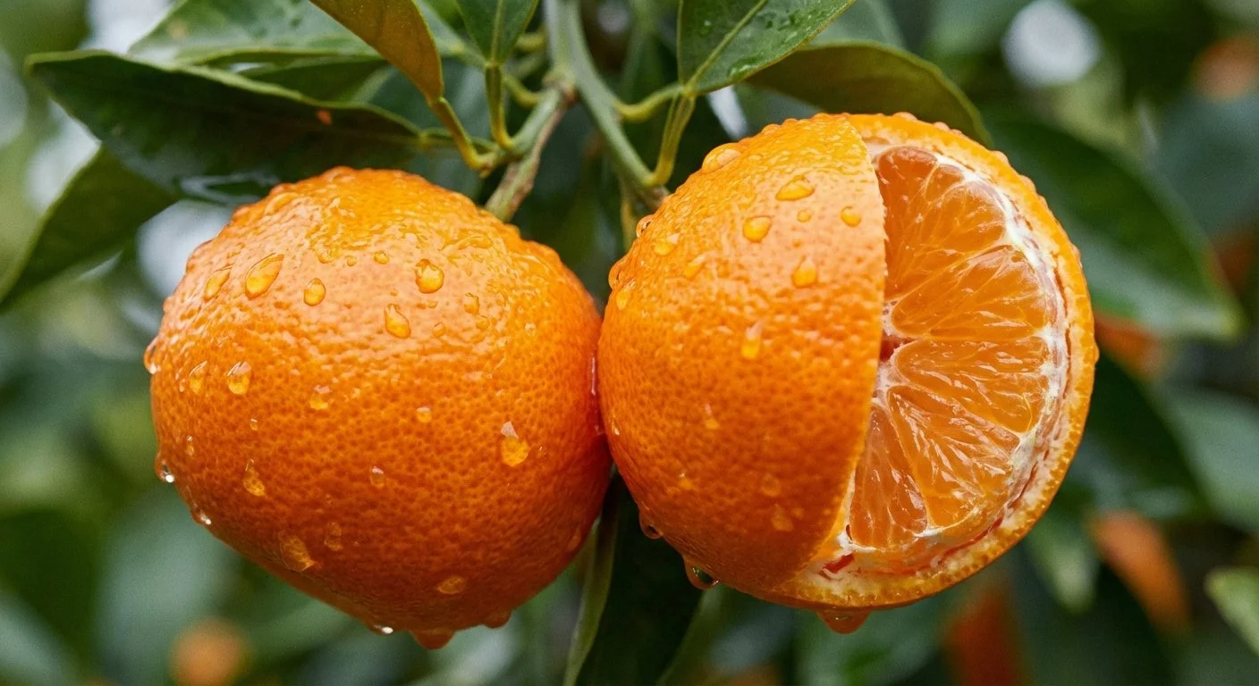 A close-up of a ripe orange citrus fruit on a tree, with droplets of water on the surface of both the whole and sliced fruit, showing the juicy interior.
