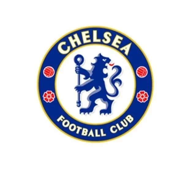 Chelsea Football Club emblem with a blue lion holding a staff, surrounded by the words 'Chelsea Football Club' and red footballs on a circular badge.