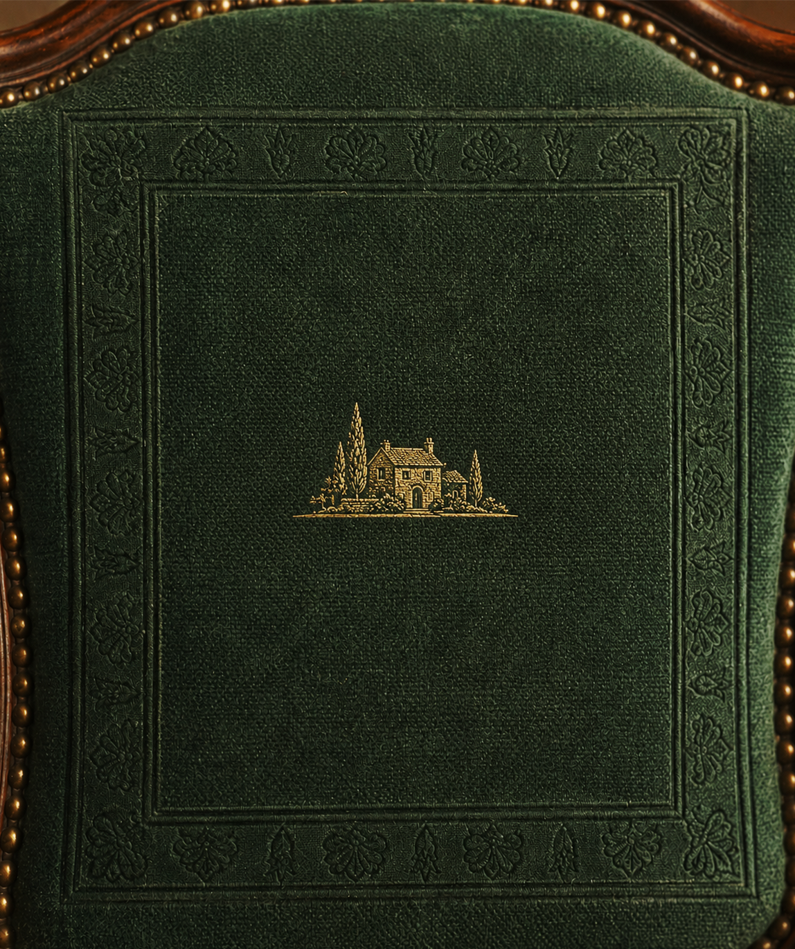 Reposed — identity plate, gold house mark on emerald cloth