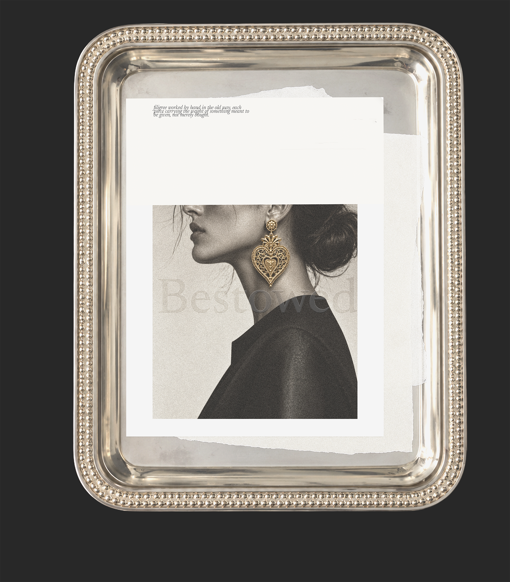 Bestowed — gold filigree heart earring, portrait detail