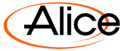 Logo con il testo 'Alice' in nero con un'ellisse arancione