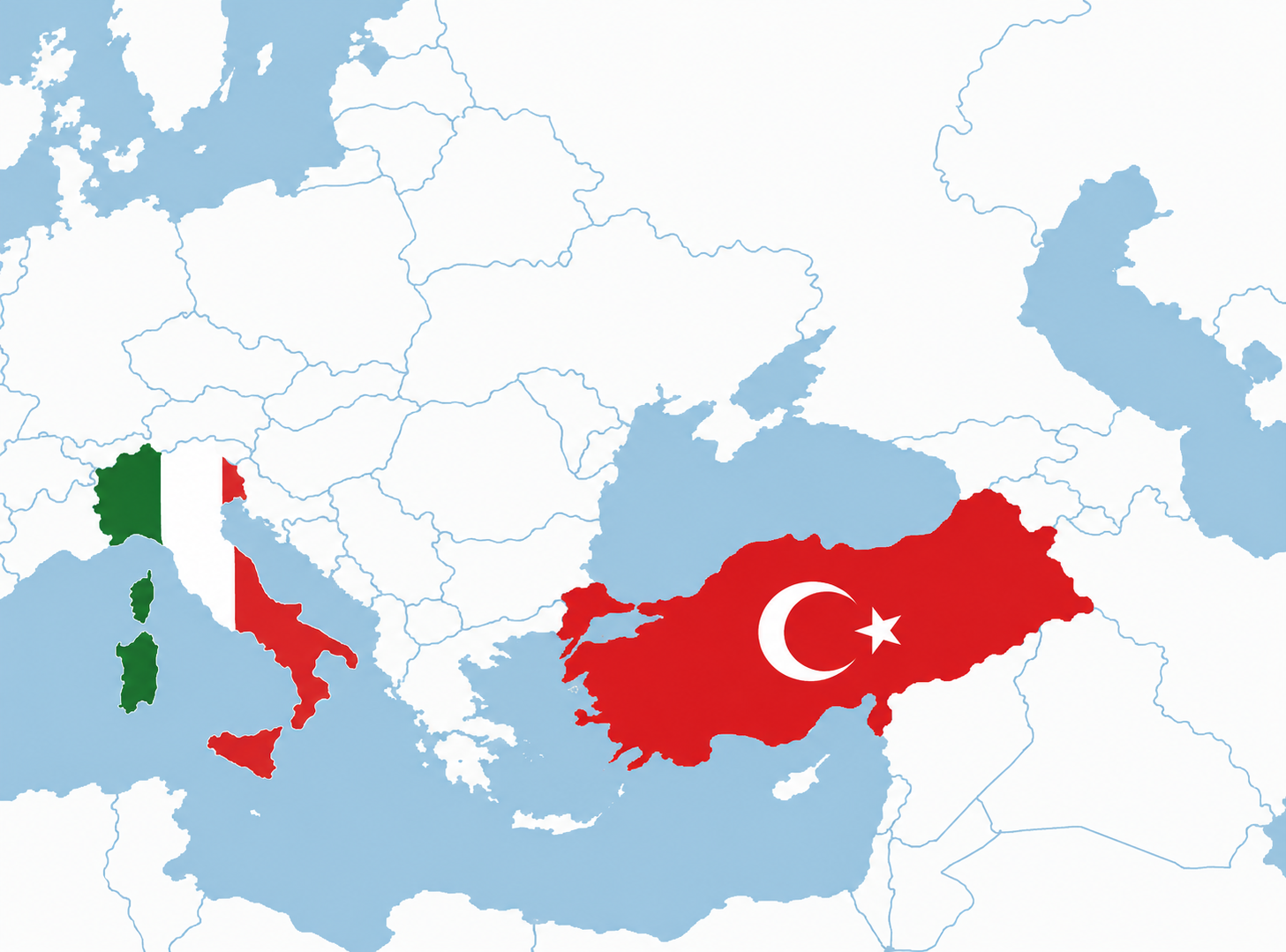 Mappa dell'Europa con Turchia, Italia, e Isole italiane colorate in rosso e verde, con la bandiera turca sovrapposta sulla Turchia.