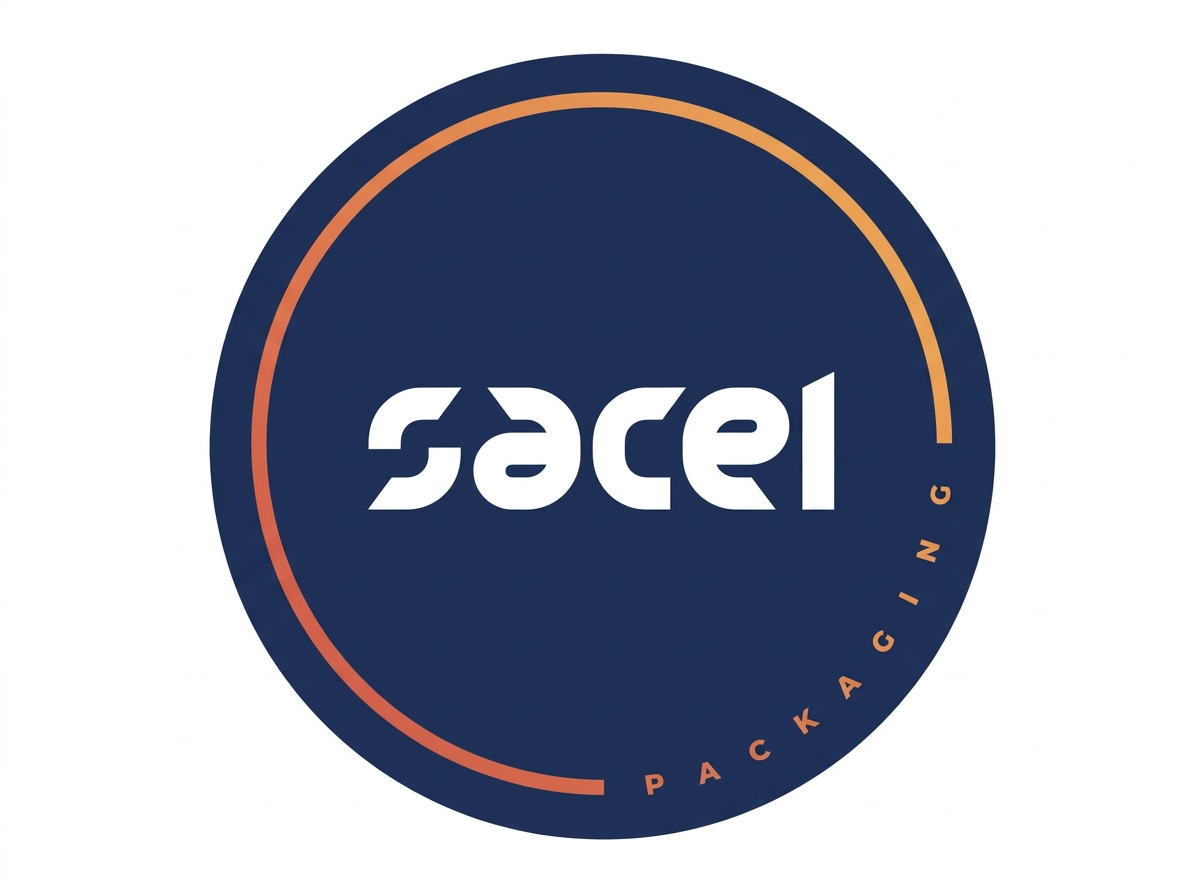 Logo rotondo blu con scritte bianche e arancioni, che dice 'sacel' al centro e 'packaging' lungo il bordo.