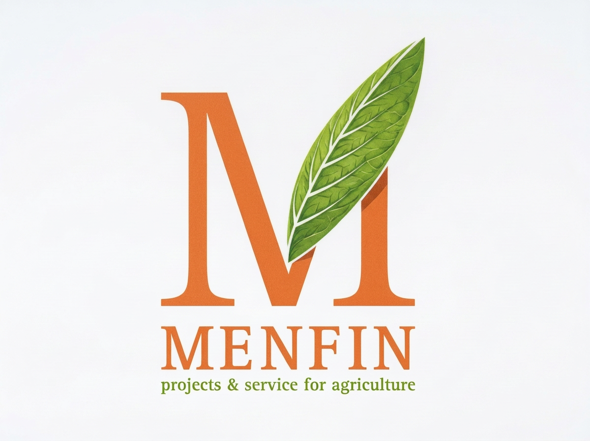 Logo con una grande lettera ‘M’ color arancione, una foglia verde stilizzata sopra e sotto, e il testo ‘MENFIN’ e ‘projects & service for agriculture’ in basso.