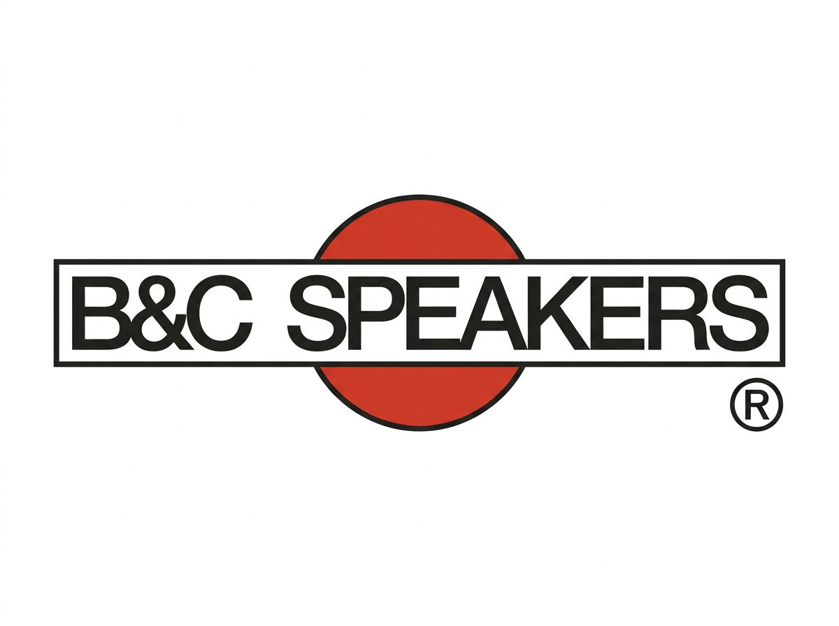 Logo di B&C Speakers con testo in nero e sfondo bianco, con un cerchio rosso dietro il testo.