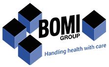 Logo del gruppo Bomi con cubi blu e neri e testo 'Handling health with care'.