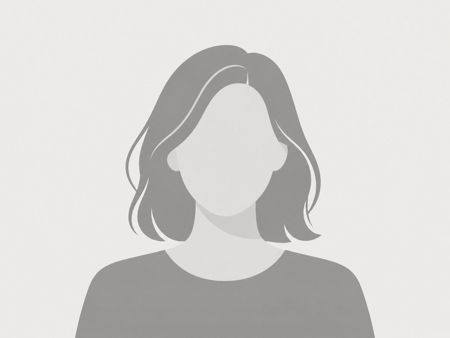 Graue Illustrationsgrafik einer Frau mit schulterlangem Haar und schlichtem Oberteil ohne Gesichtszüge