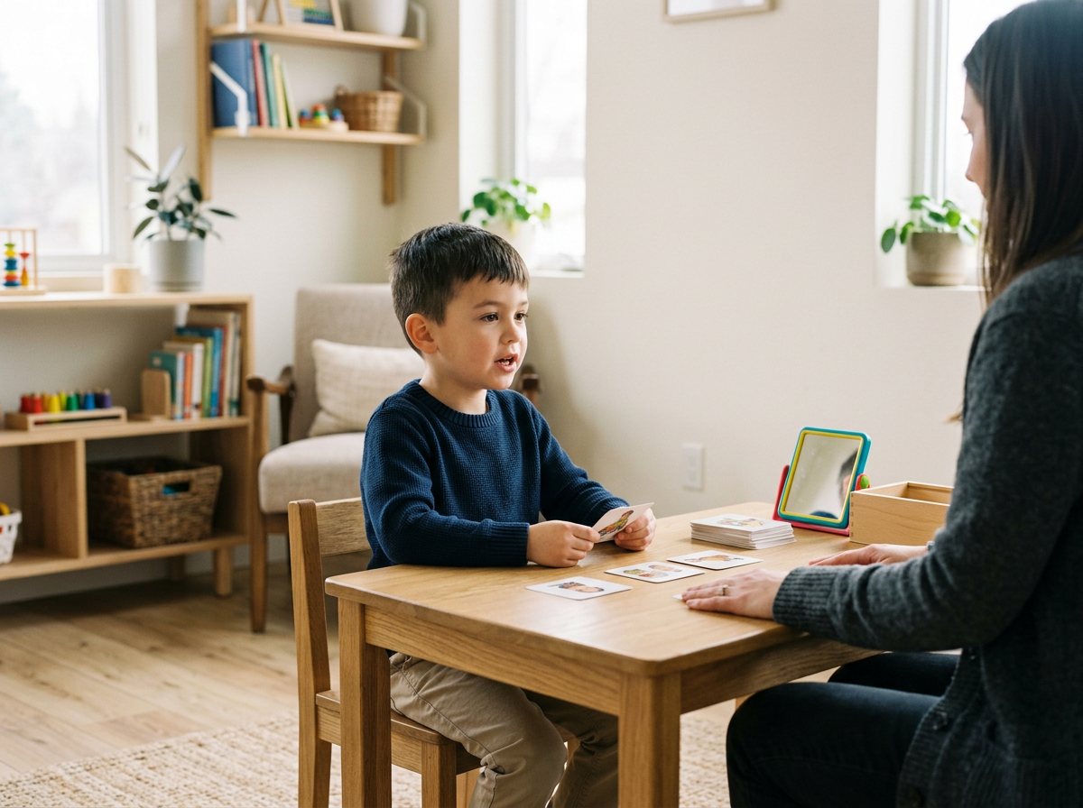 A young boy playing a card game with an adult woman at a wooden table in a cozy room with books and plants.