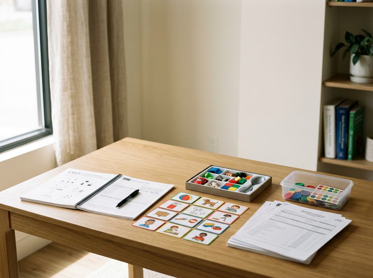 Educational therapy setup on a wooden table with a workbook, black pen, picture cards, a box of game pieces, and documentation papers near a window with beige curtains.