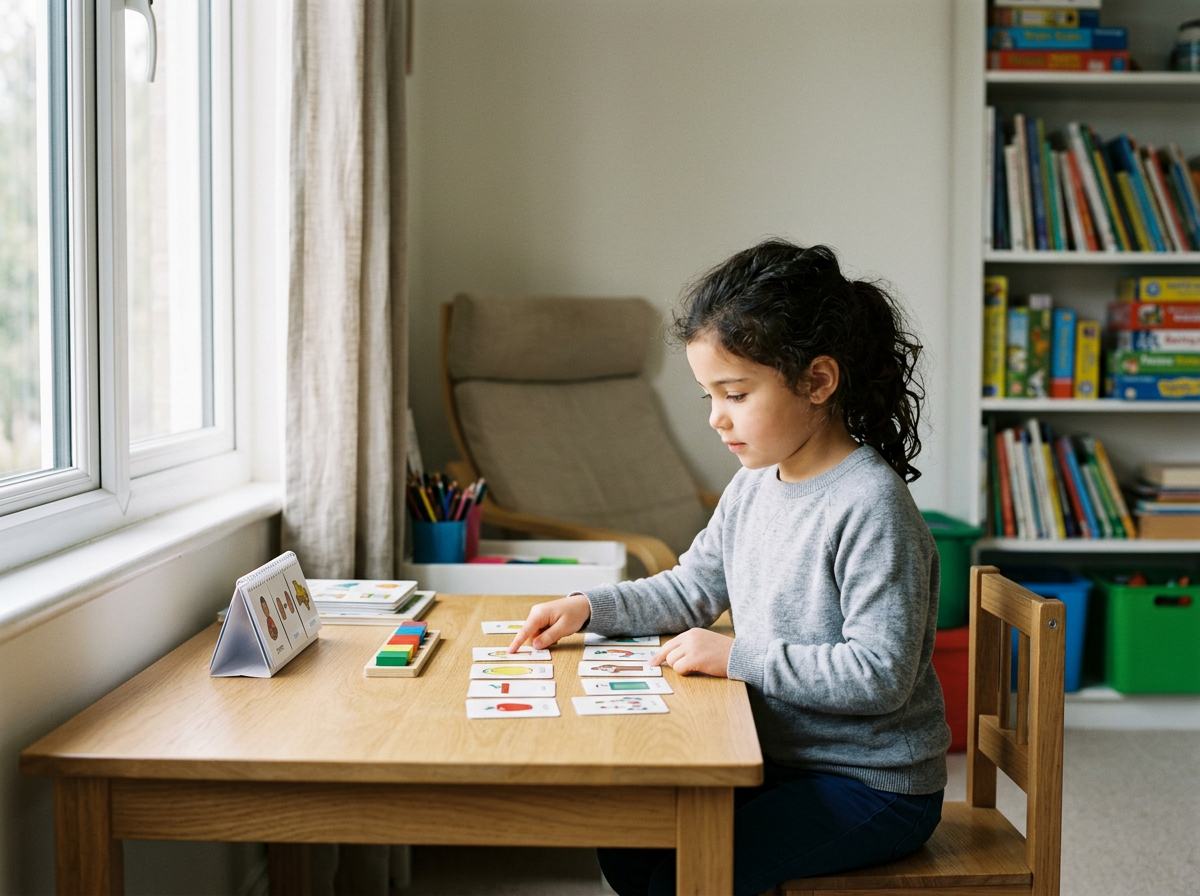 A young girl with dark curly hair sitting at a wooden desk, working with picture flashcards, in a room with a large window, bookshelves, and art supplies.