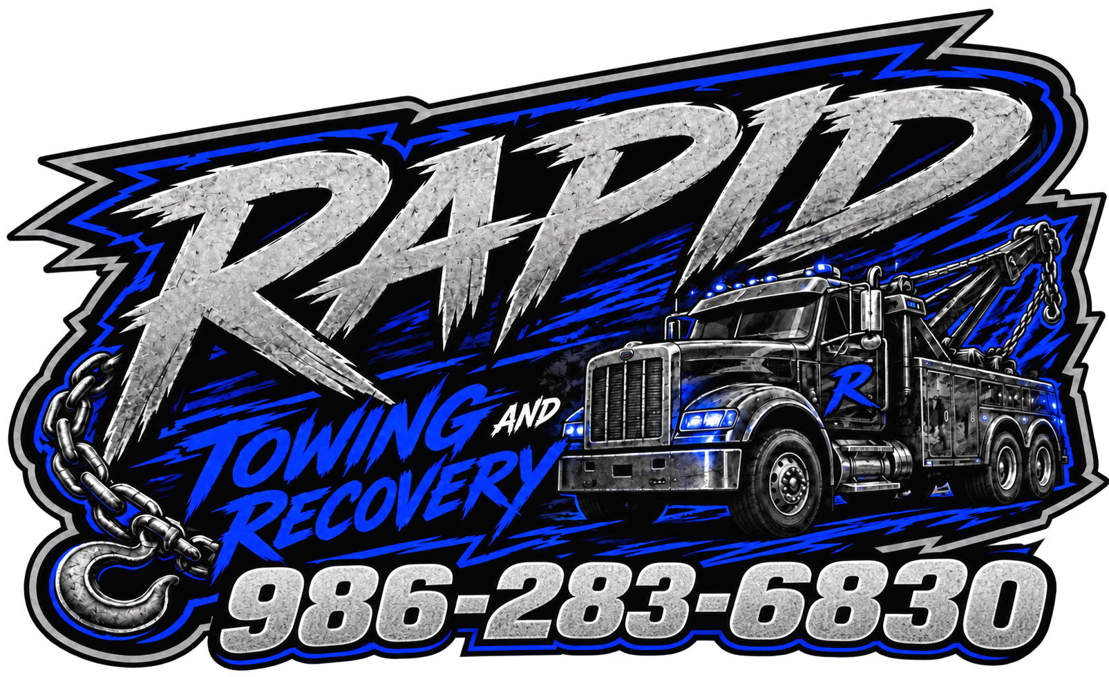 Logo for Rapid Towing and Recovery featuring a black tow truck with blue accents and a large chain, with stylized text and a phone number in white.