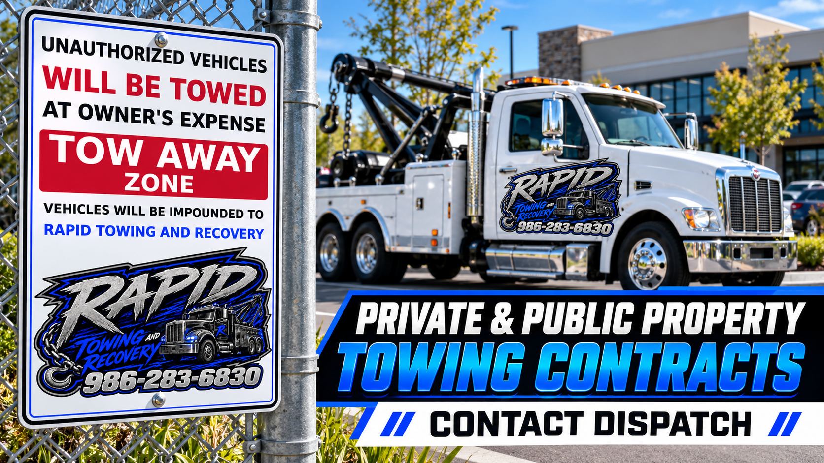 A towing company's service truck parked near a fence with a sign that reads, "Unauthorized vehicles will be towed at owner's expense. TOW AWAY ZONE. Vehicles will be impounded to rapid towing and recovery." The truck features the company logo, phone number 986-283-6830, and promotional text about private and public towing contracts, contact dispatch.
