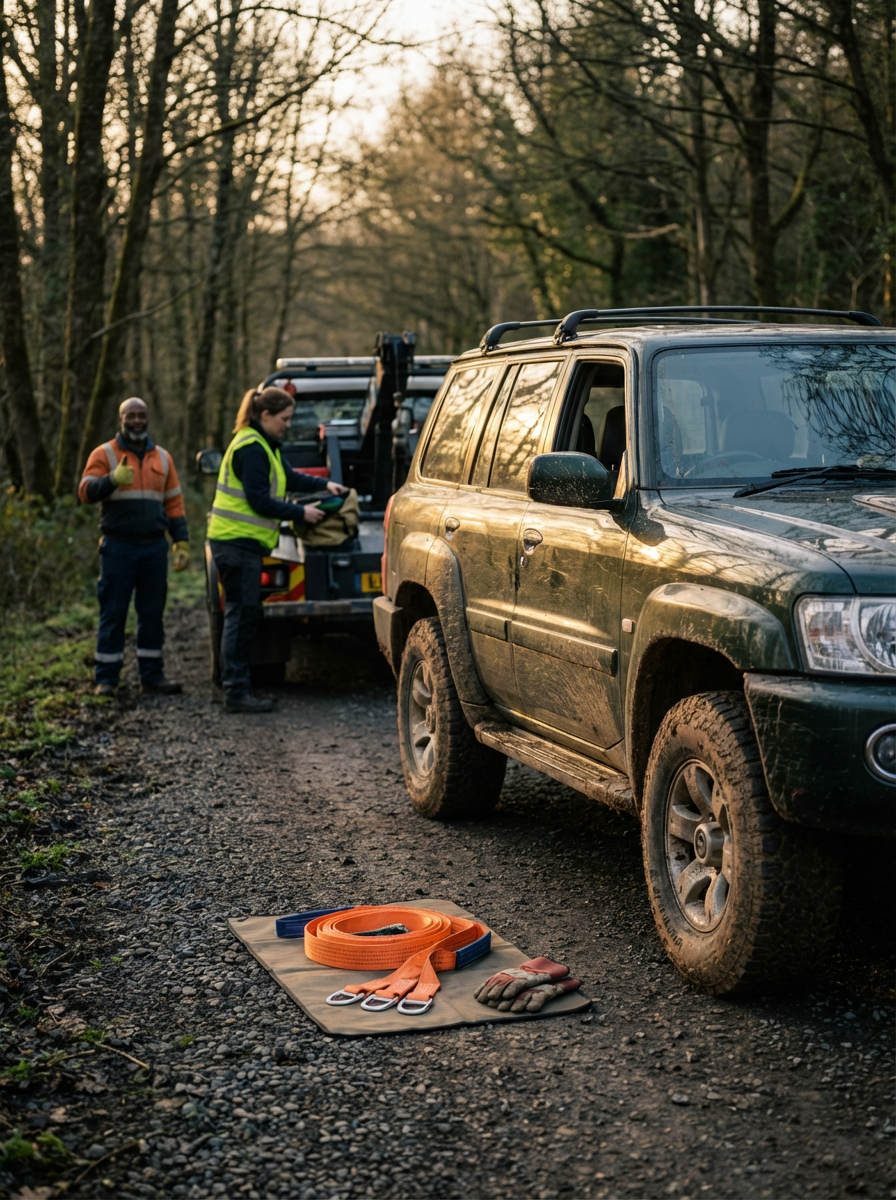 Off-road vehicle and tow truck set up for vehicle recovery on a wooded dirt trail during daylight. Tow gear and gloves are on a mat in the foreground. Two workers and a man are near the tow truck, one giving a thumbs up.