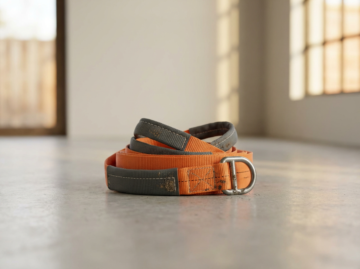 A coiled orange and gray dog collar with a silver metal buckle on a concrete surface in a bright room with large windows.