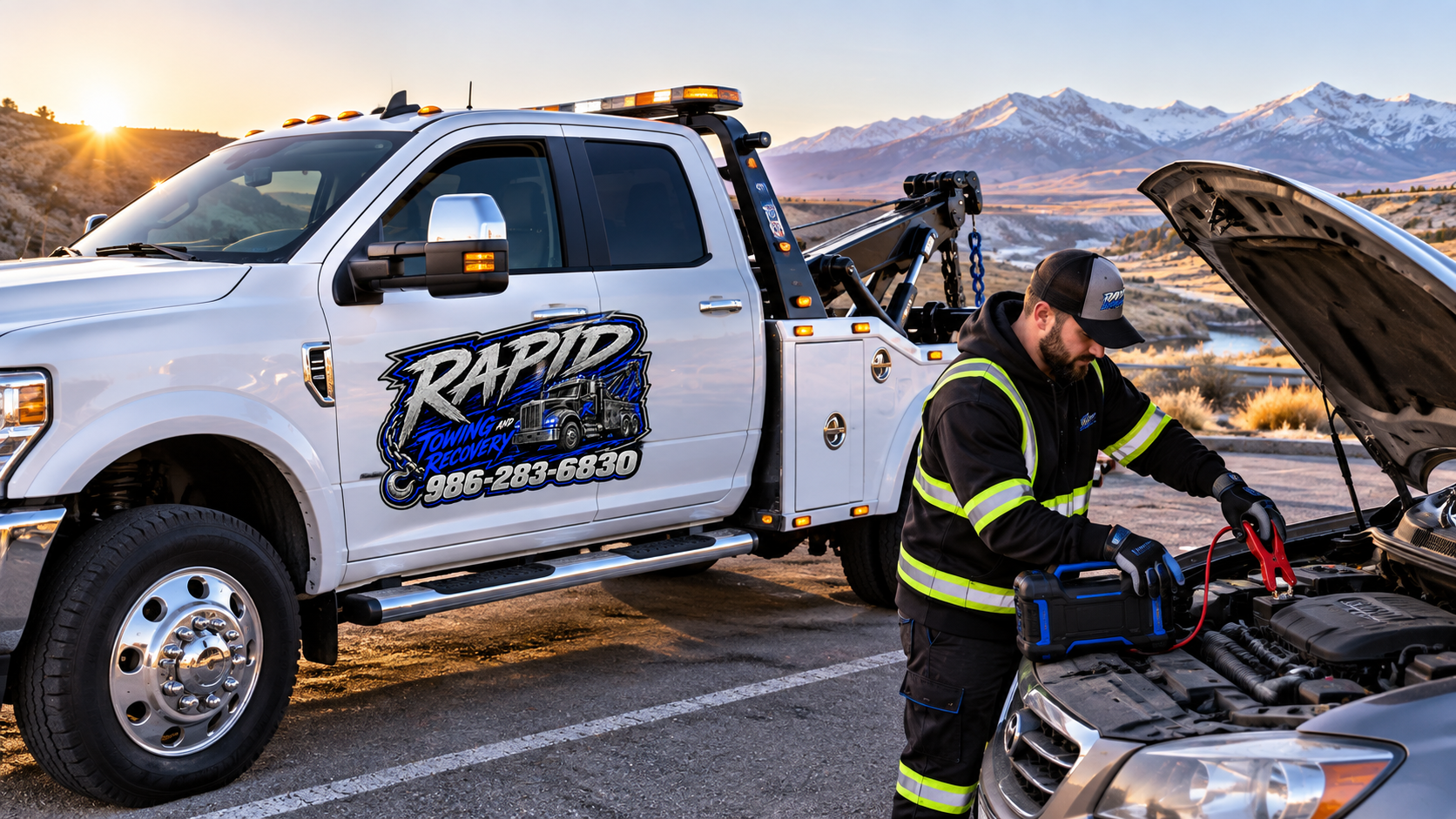 A mechanic working under the hood of a silver car with a scenic mountainous landscape in the background during sunset, with a towing truck parked nearby.