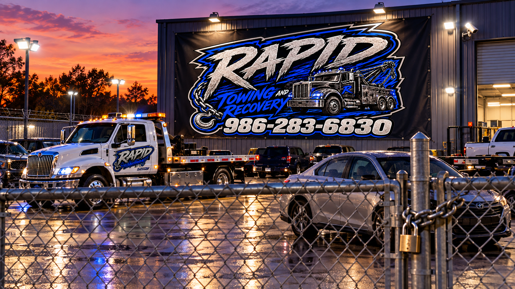 A parking lot at sunset with vehicles including a tow truck, a car, and several other cars. A large banner on a building reads "RAPID Towing and Recovery" with a phone number, featuring a graphic of a tow truck.