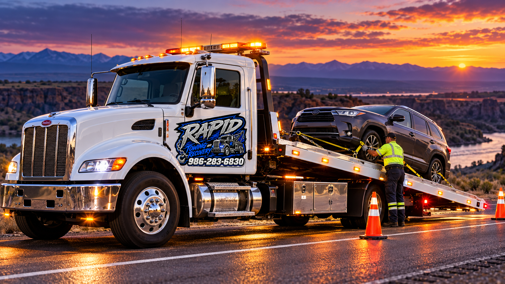 A tow truck is towing a black SUV on a highway at sunset, with a mountains and river in the background. A worker is securing the vehicle with chains, and orange safety cones are placed around the scene.