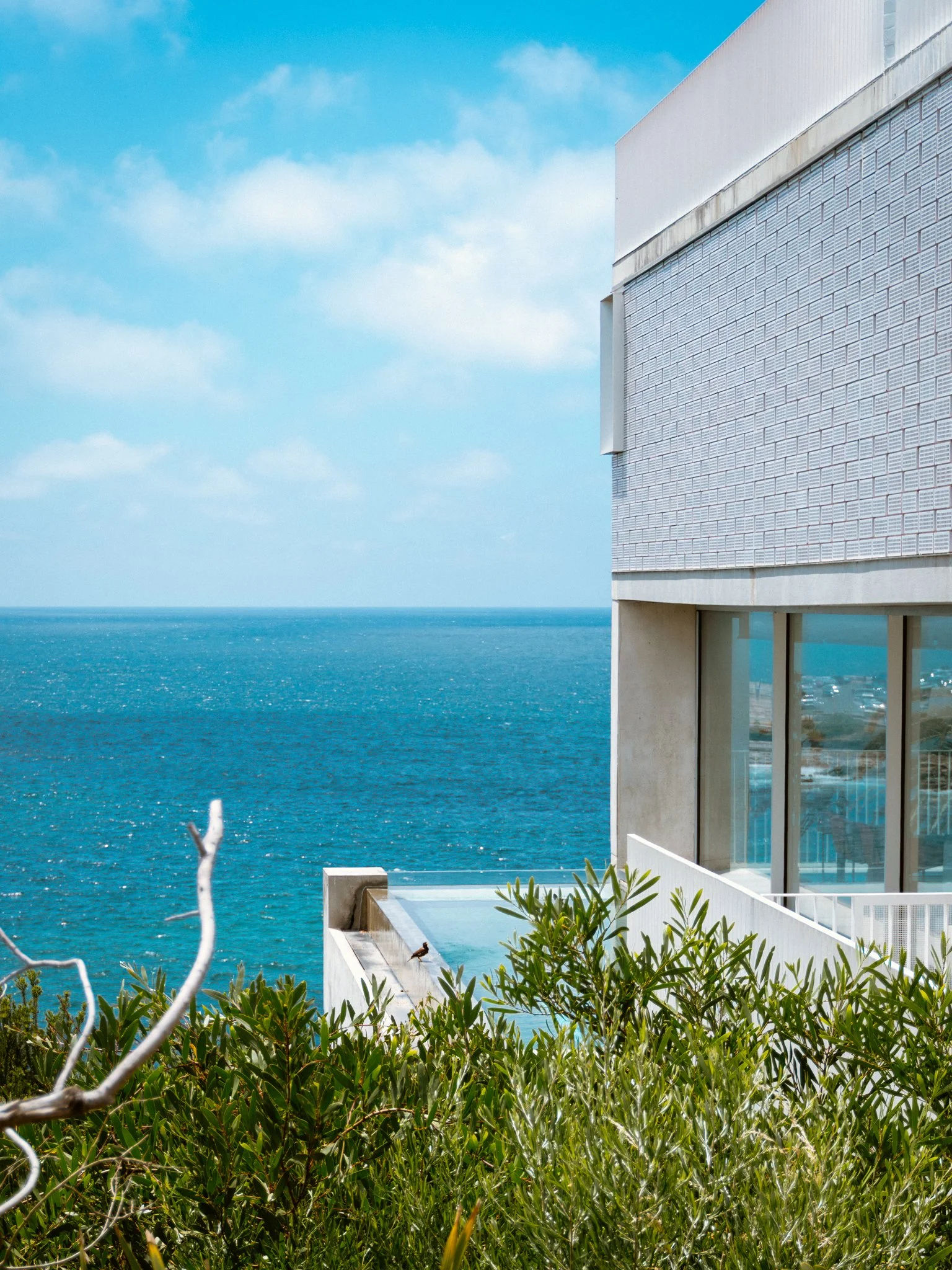 A modern building overlooking the ocean with an outdoor pool and surrounded by greenery, under a partly cloudy sky.