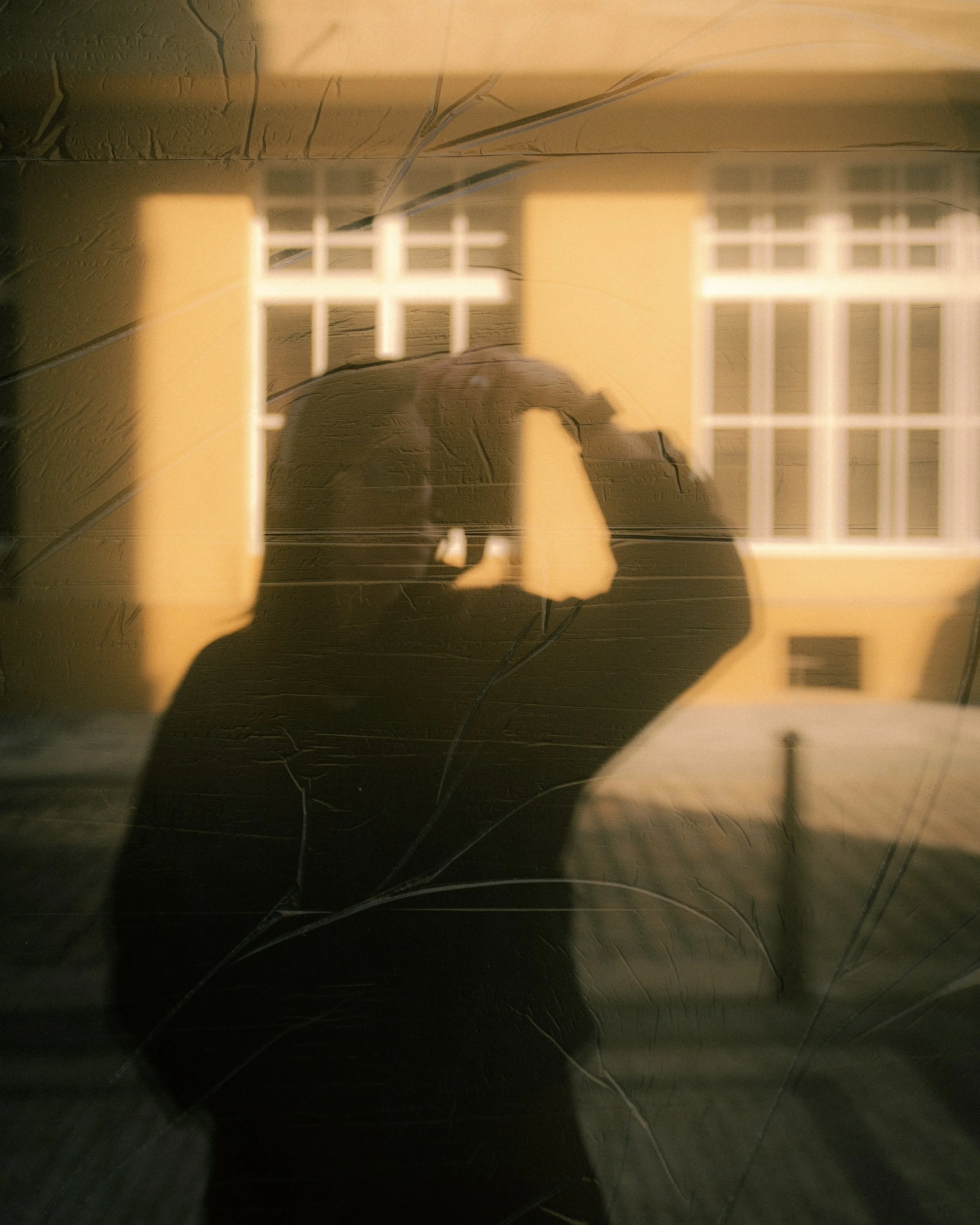 A person's silhouette taking a selfie in front of a mirror with a cracked glass surface. The mirror reflects part of a wall with white wooden grids.
