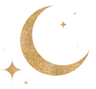 Gold glitter crescent moon with stars.