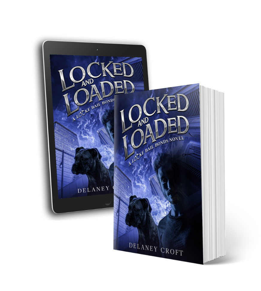 Book cover and e-book of 'Locked and Loaded: A Locke Bail Bonds Novel' by Delaney Croft, featuring buildings, lightning, a man, and a dog in a dark blue and black color scheme.