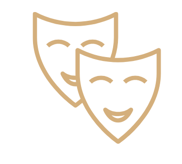 Two smiling theater masks symbolizing humor.