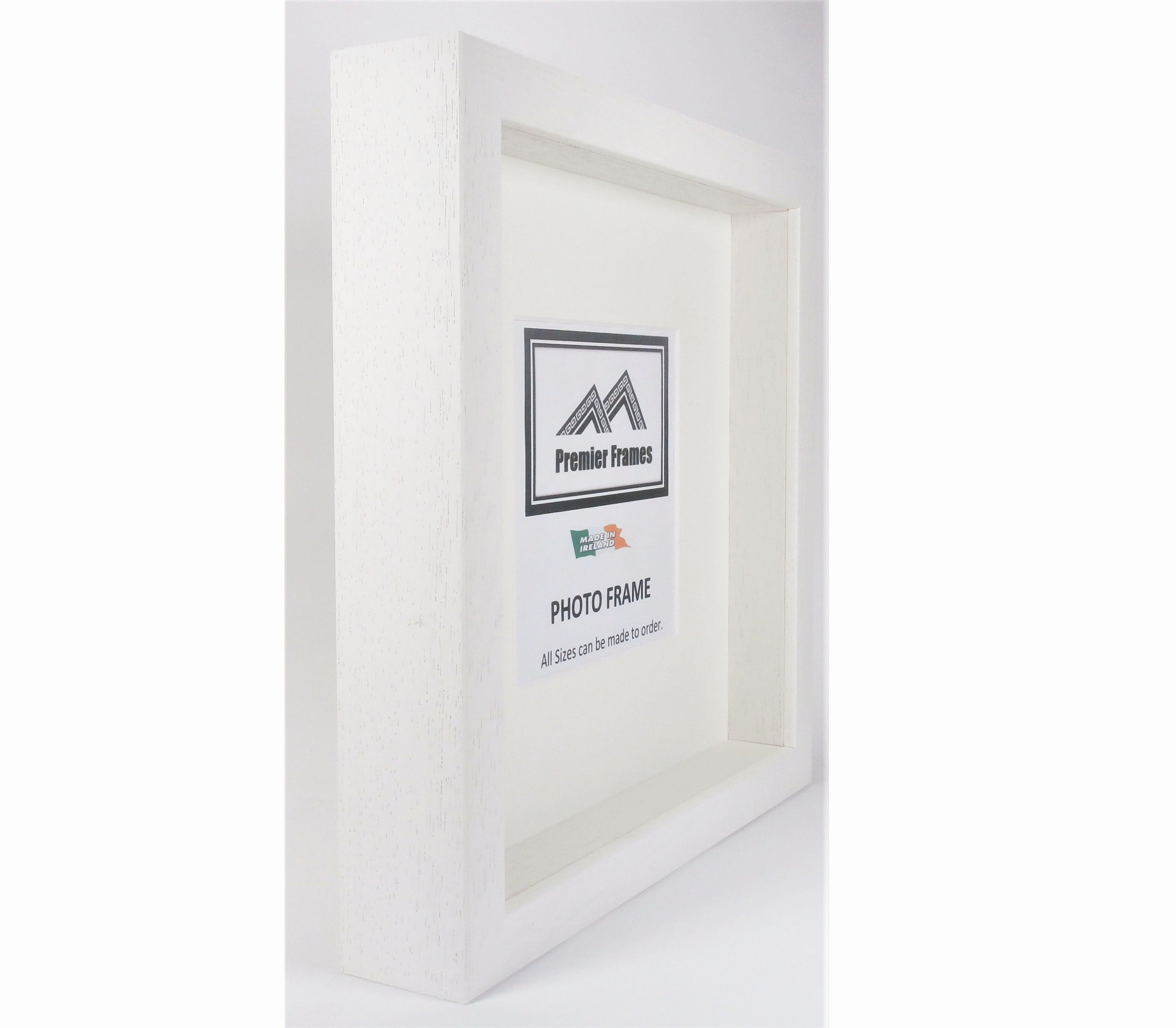 BF45WM Single Shadow Box Frame White Wood Grain 45mm Deep x 20mm on face with 25mm spacer.