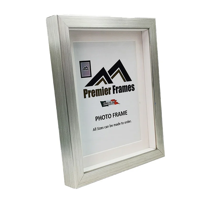 BF32BS Single Shadow Box Frame Brushed Silver Wood 30mm Deep x 20mm on face with 20mm White spacer.