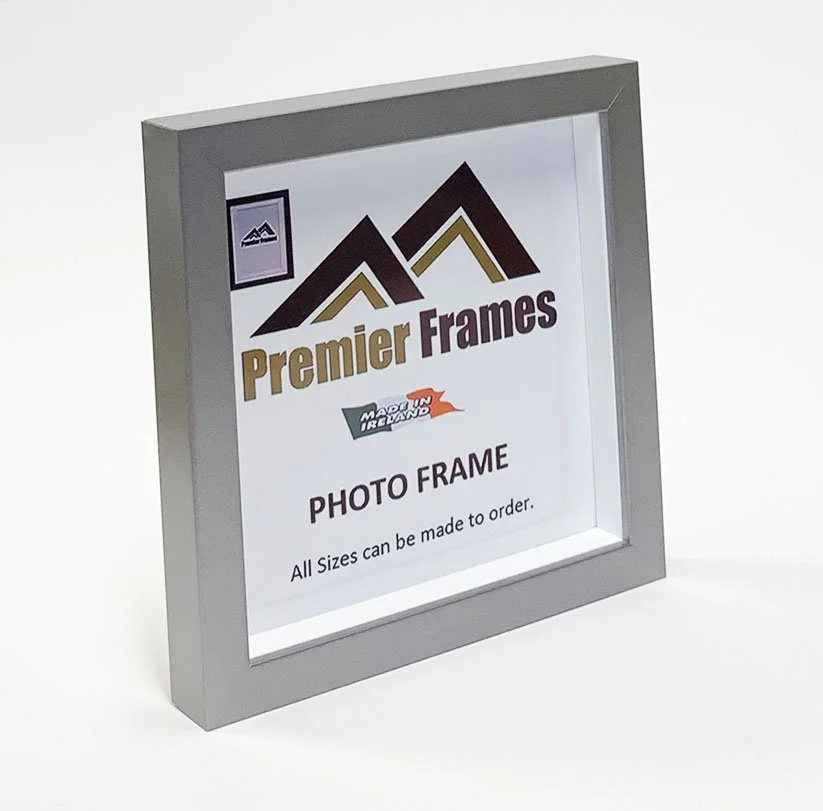 BF32MS Single Shadow Box Frame Smooth Flat Matt Silver Wood 30mm Deep x 20mm on face with 20mm White spacer.