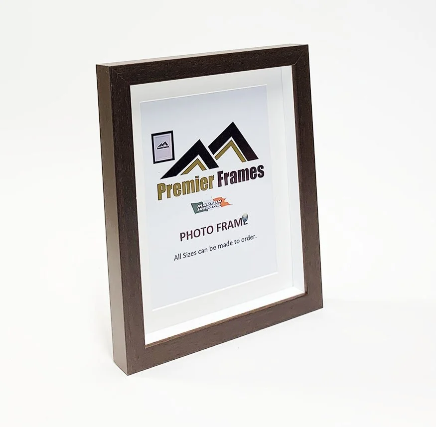 BF32SB Single Shadow Box Frame Smooth Dark Brown Wood 30mm Deep x 20mm on face with 20mm White spacer.